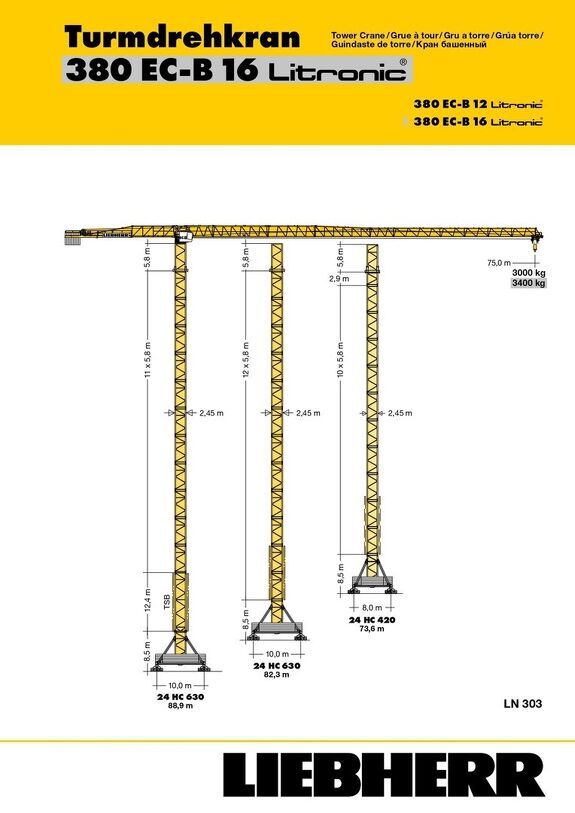 Грузовысотные характеристики башенного крана Liebherr 380 EC-B 16 Litronic